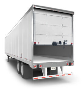 Open roll-door trailer from Milestone Equipment Leasing showing interior for storage