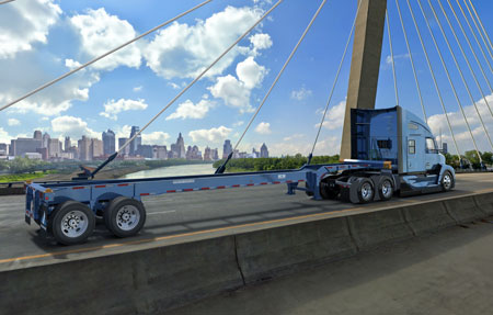 Milestone chassis trailer on a bridge in Kansas City, highlighting reliable chassis leasing for intermodal transport.
